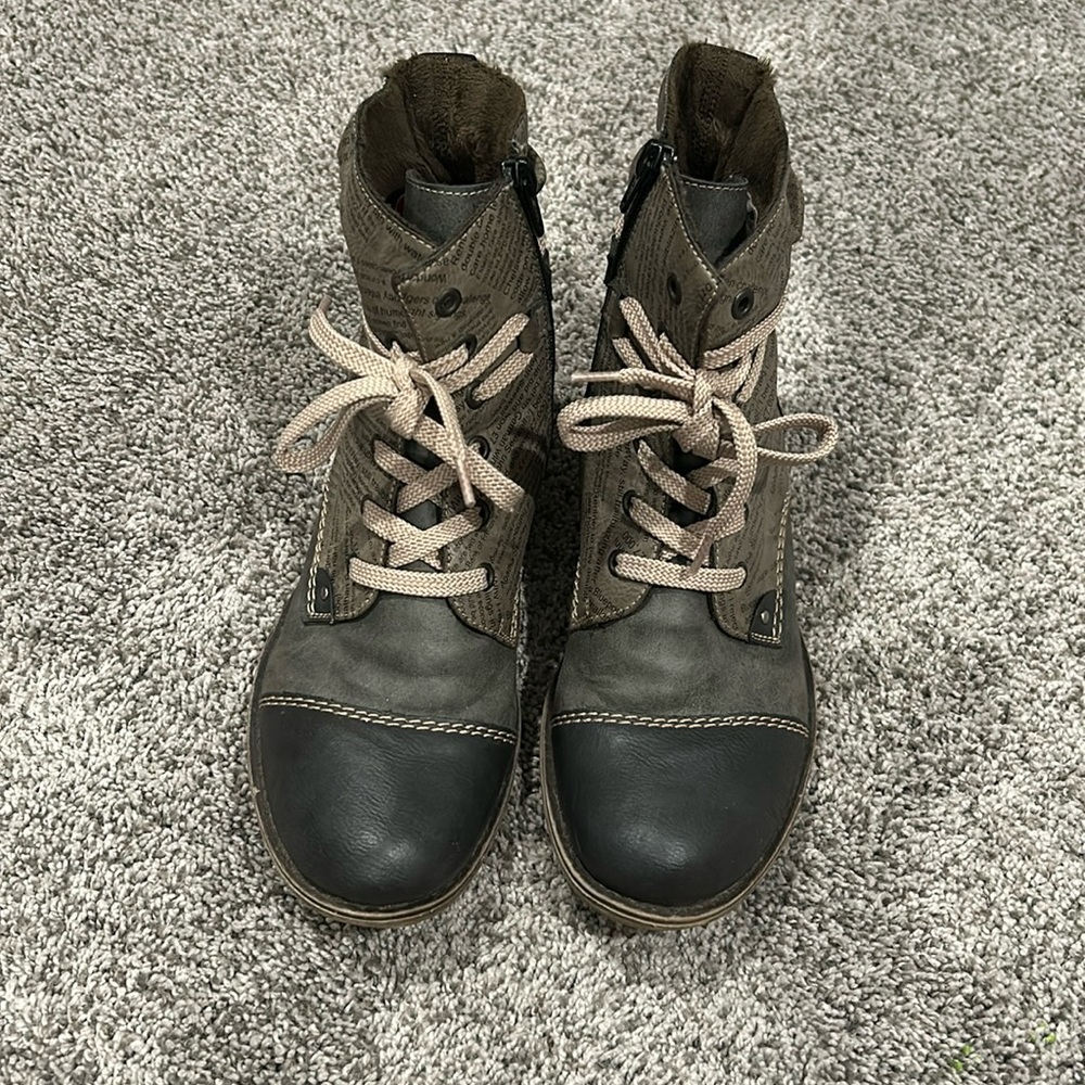 Rieker Payton Brandy Combat Newspaper Print Boots